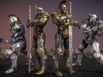 Armored Warriors in Battle Gear Holding Swords and Staffs 3d model