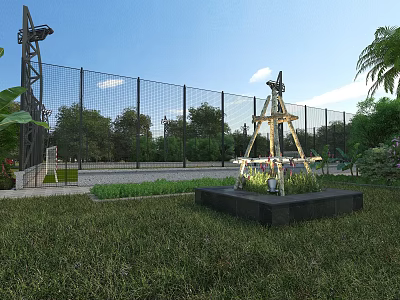 Garden Landscape Design With Green Lawn Metal Fence Trees Plant Bed And Decorative Structure 3d model