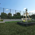 Garden Landscape Design With Green Lawn Metal Fence Trees Plant Bed And Decorative Structure