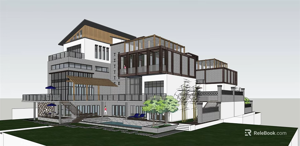Modern Multi Story Detached Villa With Large Glass Windows Terrace And Green Courtyard 3d model 