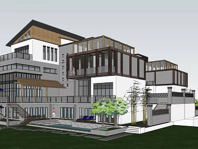 Modern Multi Story Detached Villa With Large Glass Windows Terrace And Green Courtyard 3d model