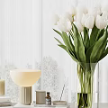Decorative Ornament Set Including White Tulip Bouquet Glass Vase Table Lamp Candles Books And Glasses