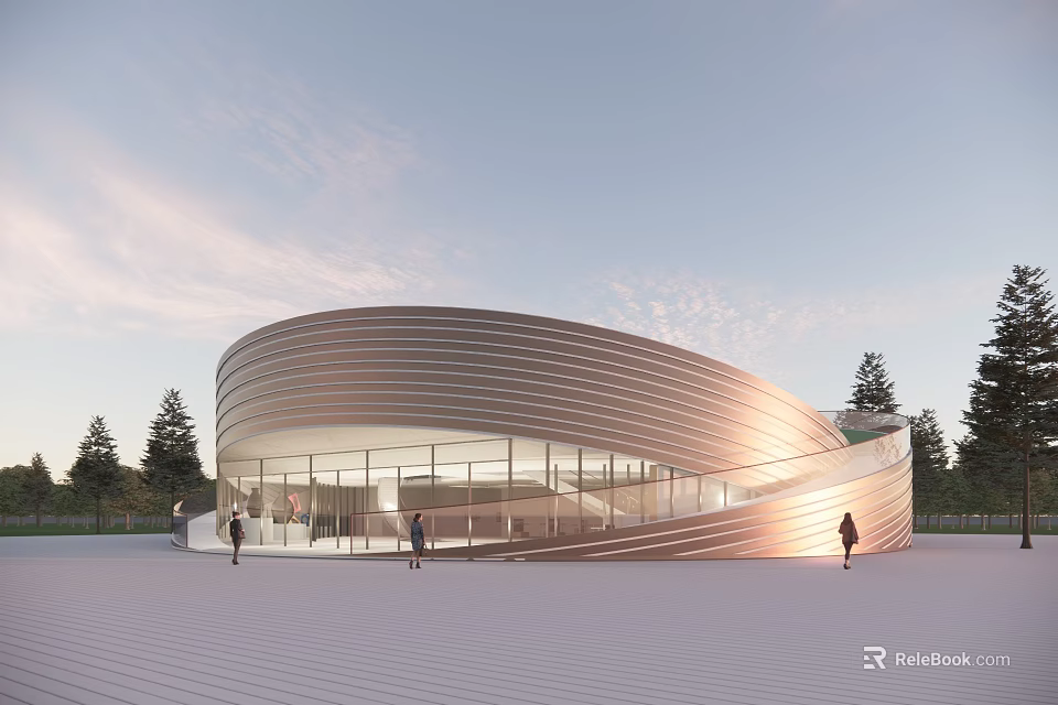 Modern Curved Building With Metal Facade Glass Windows Open Plaza Trees And People Walking 3d model 