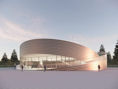Modern Curved Building With Metal Facade Glass Windows Open Plaza Trees And People Walking 3d model