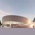Modern Curved Building With Metal Facade Glass Windows Open Plaza Trees And People Walking