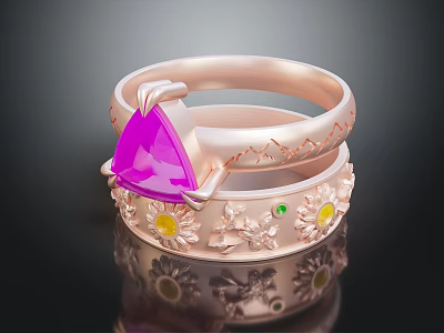 Stacked Rose Gold Rings With Pink Triangular Gemstone Daisy Decorations And Small Green Accent Gem 3d model