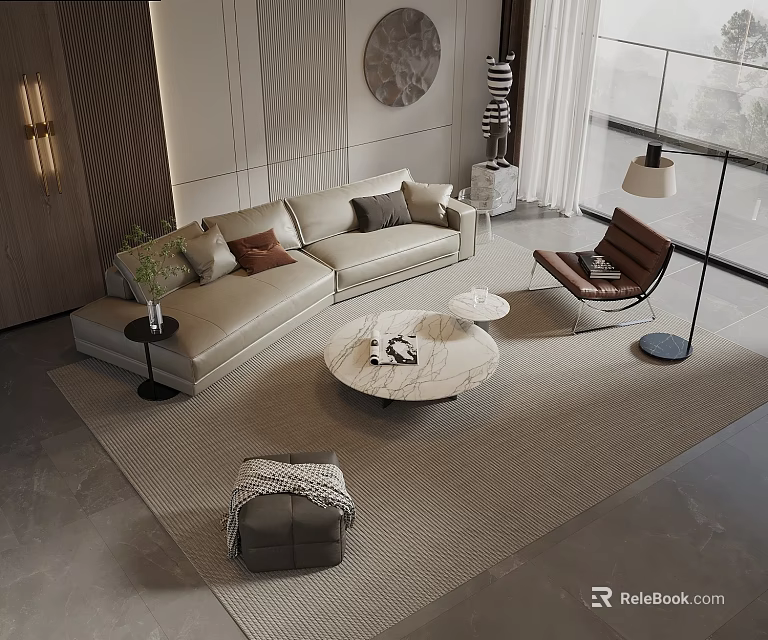 Modern Sofa And Coffee Table Set With Beige Rug Accent Chair And Floor Lamp 3d model 
