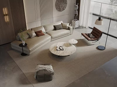 Modern Sofa And Coffee Table Set With Beige Rug Accent Chair And Floor Lamp 3d model