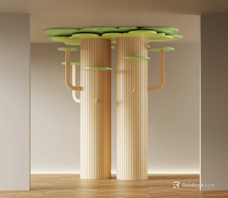 Creative Wooden Columns With Green Circular Platforms And Curved Wooden Supports 3d model 