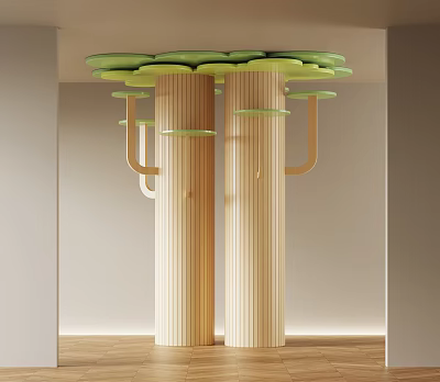 Creative Wooden Columns With Green Circular Platforms And Curved Wooden Supports 3d model