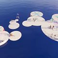 Garden Landscape Design With Water Platforms Colorful Canopies And People Relaxing