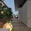 Villa Balcony Open Design With White Long Table Chairs Green Plants And Shade Structure