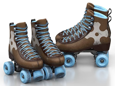 Brown Roller Skates With White Spotted Pattern Light Blue Laces And Wheels 3d model