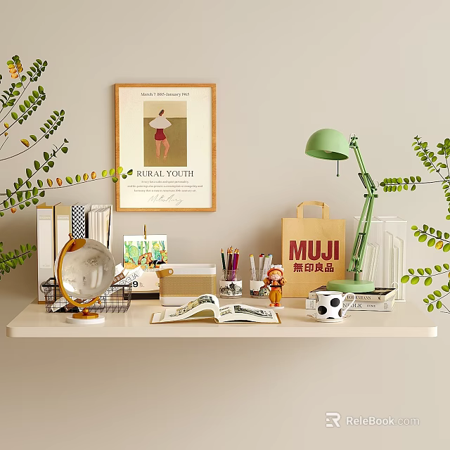 Organized Study Desk With Green Lamp Globe Open Book MUJI Bag Stationery And Plants 3d model 