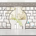 Traditional Chinese Antique Display Shelf With Decorative Items Potted Plant And Landscape Painting