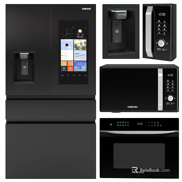 Black Modern Kitchen Appliances Featuring Refrigerator Microwave Oven With Digital Display And Sleek Design 3d model 