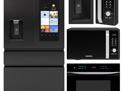 Black Modern Kitchen Appliances Featuring Refrigerator Microwave Oven With Digital Display And Sleek Design 3d model