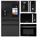 Black Modern Kitchen Appliances Featuring Refrigerator Microwave Oven With Digital Display And Sleek Design