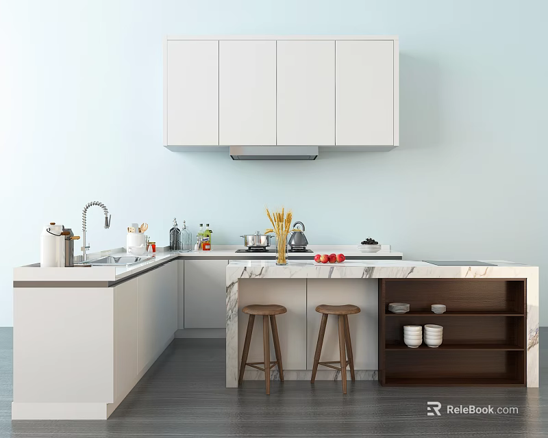 Modern Open Kitchen Interior With White Cabinets Marble Countertop And Stools 3d model