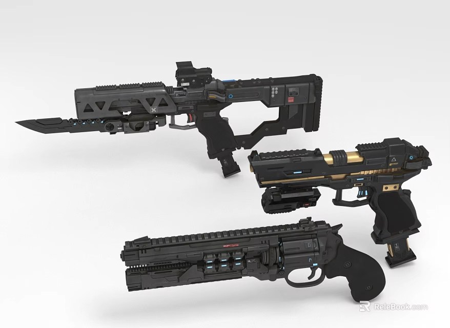 Three Futuristic Sci-Fi Weapons With Black Metal Mechanical Structure And Design Features 3d model 