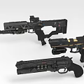 Three Futuristic Sci-Fi Weapons With Black Metal Mechanical Structure And Design Features