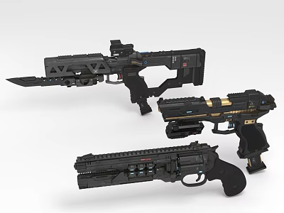 Three Futuristic Sci-Fi Weapons With Black Metal Mechanical Structure And Design Features 3d model
