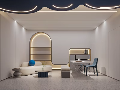 Modern Office Interior Design With Curved Bookshelf Sofa Desk Blue Chair And Ambient Lighting 3d model
