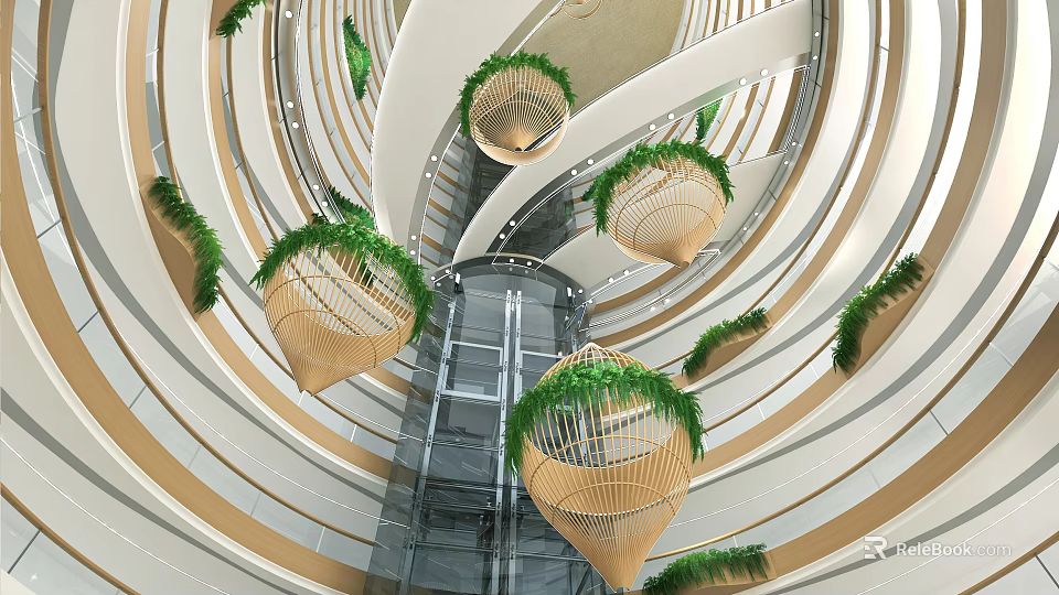 Modern Atrium Design With Spiral Structure Hanging Woven Baskets Green Plants And Glass Elevator 3d model 