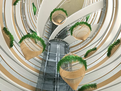 Modern Atrium Design With Spiral Structure Hanging Woven Baskets Green Plants And Glass Elevator 3d model