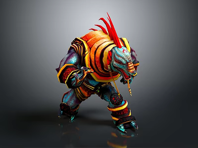 3D Fantasy Creature Character With Red Feathered Crest Colorful Armor And Battle Stance 3d model