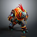 3D Fantasy Creature Character With Red Feathered Crest Colorful Armor And Battle Stance