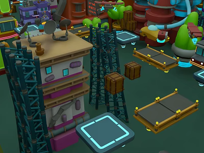 Cartoon Style Landscape Sculpture Featuring Colorful Buildings Tower Cranes Wooden Crates And Platforms 3d model