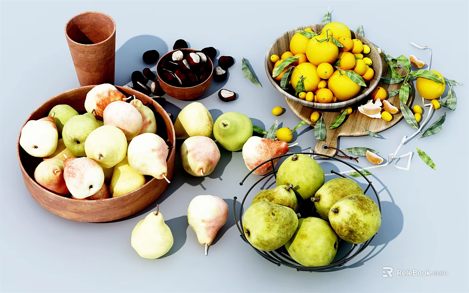 Assorted Fresh Fruits Pears Apples Oranges in Wooden Bowls Wire Basket and Clay Cup 3d model 