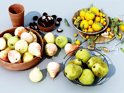 Assorted Fresh Fruits Pears Apples Oranges in Wooden Bowls Wire Basket and Clay Cup 3d model