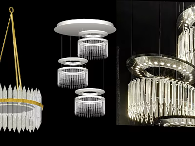 Modern Crystal Chandelier Design With Circular Layers Clear Glass Pendants And Gold Frame 3d model