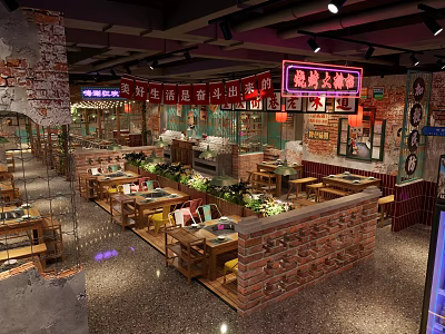 Authentic Hot Pot Restaurant Interior With Brick Walls Wooden Tables And Fresh Ingredients 3d model