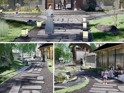 Traditional Garden Landscape With Stone Path Lush Greenery Water Features And Traditional Buildings 3d model
