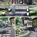 Traditional Garden Landscape With Stone Path Lush Greenery Water Features And Traditional Buildings
