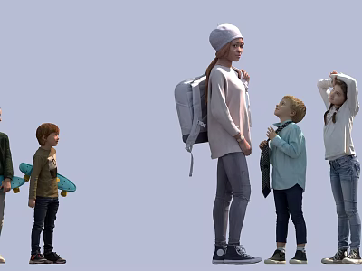 Woman With Gray Hat And Backpack Standing With Children Holding Skateboard Raising Hands And Jacket 3d model