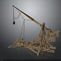 Ancient Medieval Weapon Wooden Catapult With Hanging Arm Stone Projectile And Support Frame