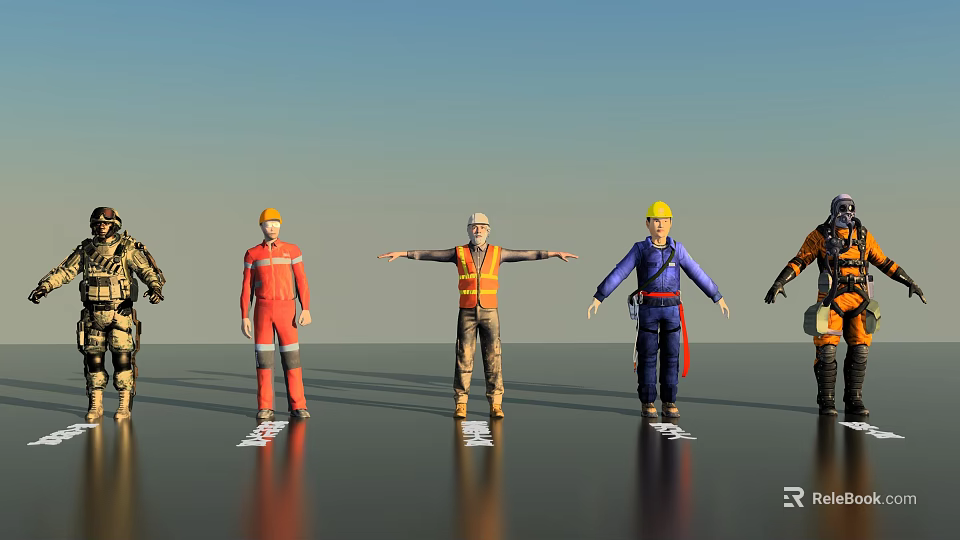 Diverse Group Of Professionals In Different Work Uniforms Standing On Black Surface 3d model 