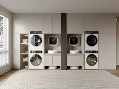 Modern Laundry Room With Stacked Washing Machines Dryers Cabinets And Sinks 3d model