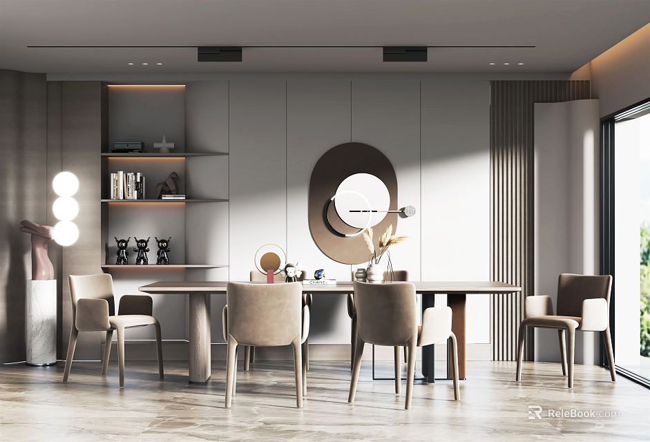 Modern Restaurant Interior With Dining Table Chairs Round Mirror Shelves And Lighting 3d model 