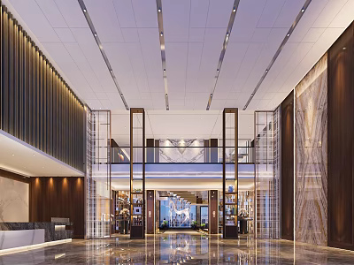 Modern Spacious Hotel Lobby Interior With Marble Flooring Glass Railings And Wooden Decor 3d model