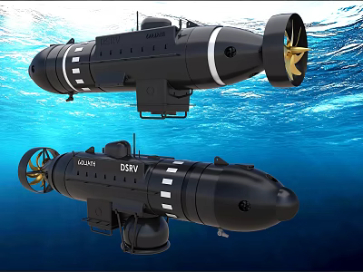 Two Black SEABOT Deep Submersible Models With Propellers Blue Water 3d model