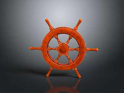 Orange Wooden Ship's Wheel Decorative Household Item With Gray Background And Reflection 3d model