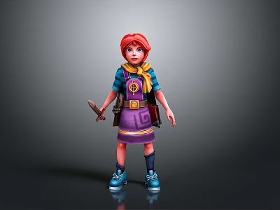 Woman With Red Hair In Purple Dress Blue Top Scarf And Holding Knife 3d model