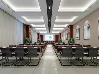 Modern Conference Room With Long Tables Chairs Projection Screen And Decorative Paintings 3d model