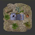 Small House Scene With Blue Roof Chimney Trees And Wooden Fence