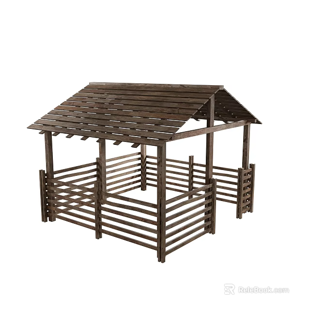 Wooden Garden Pavilion with Sloped Roof and Open Wooden Railings for Outdoor Landscaping 3d model 